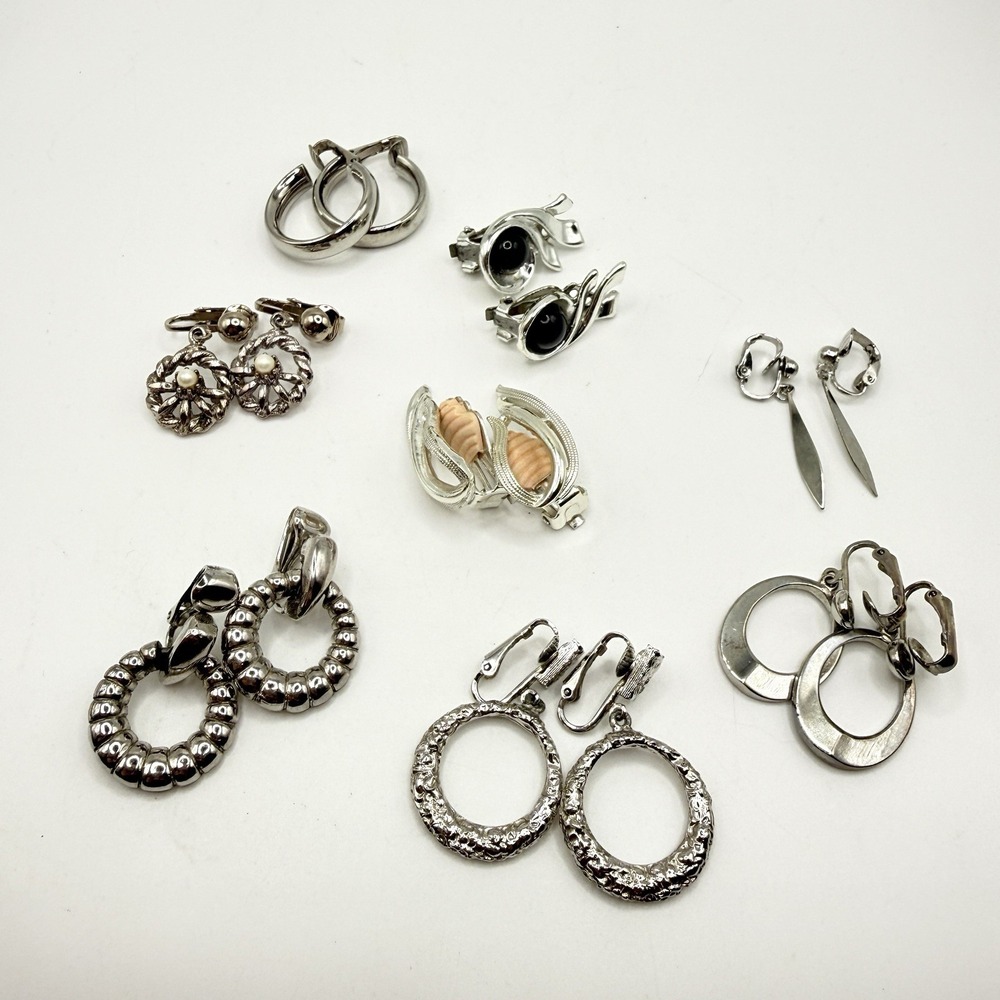 Vintage Lot of 8 Silver Tone Clip-On Door Knocker Earrings MCM Retro Sarah Cov